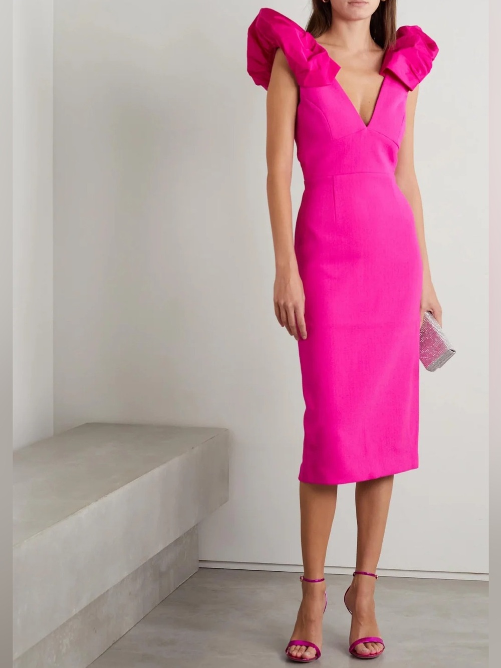 Rebecca Vallance Cupids Bow Midi Dress Hot Pink Crepe Size 2